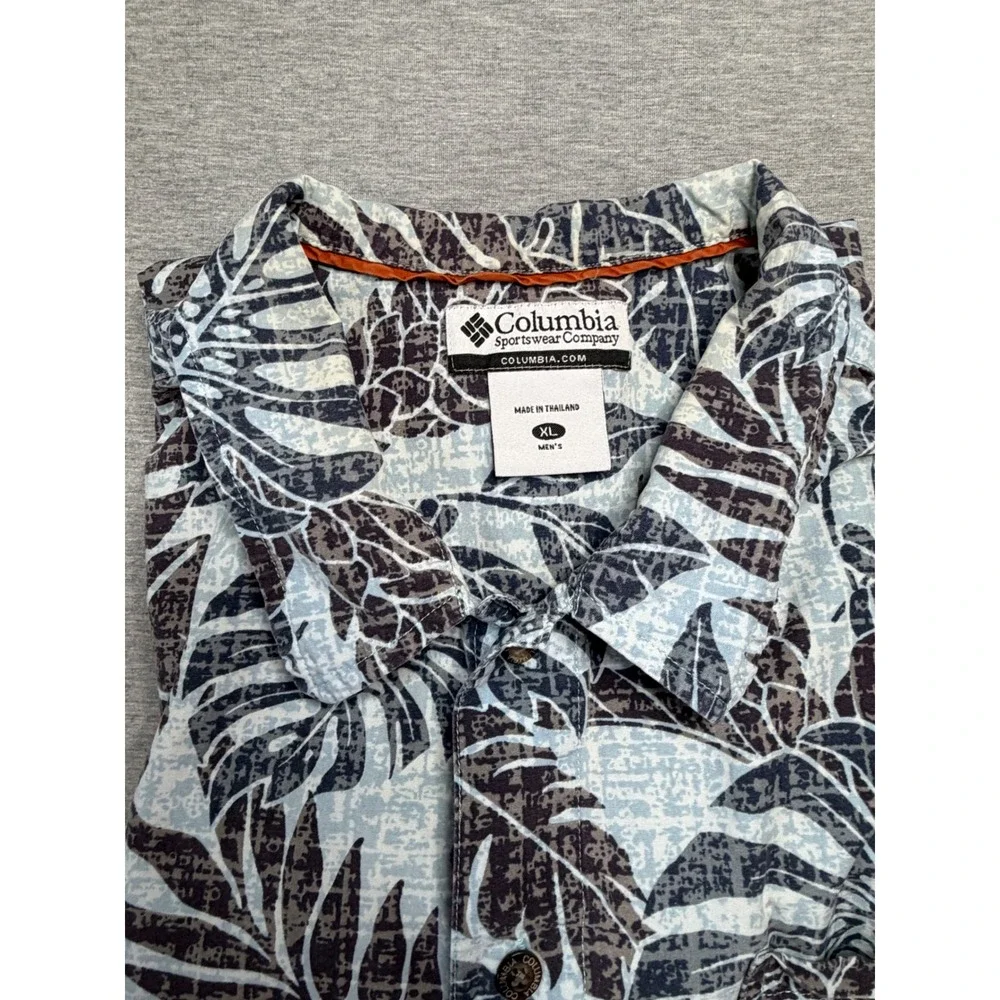 Columbia Mens XL‎ Tropical Monstera Palm Leaf Print Button Up Shirt Blue AM7230